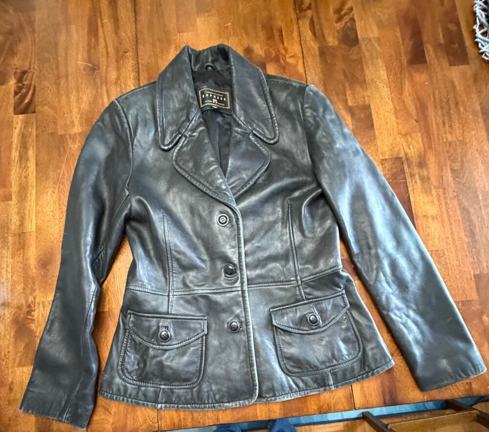 Vintage Express Women’s M Black Genuine Leather Blazer Jacket Y2K